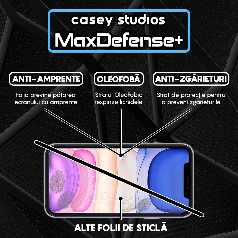 Folie Sticla CASEY STUDIOS™ compatibila cu iPhone 11 Pro, MaxDefense+ Classic, Full Cover 3D, Full Glue, Sticla Securizata, Duritate Militara, Ultra HD, Protectie Profesionala Ecran 3D, Anti Zgarieturi, Anti Socuri, Negru