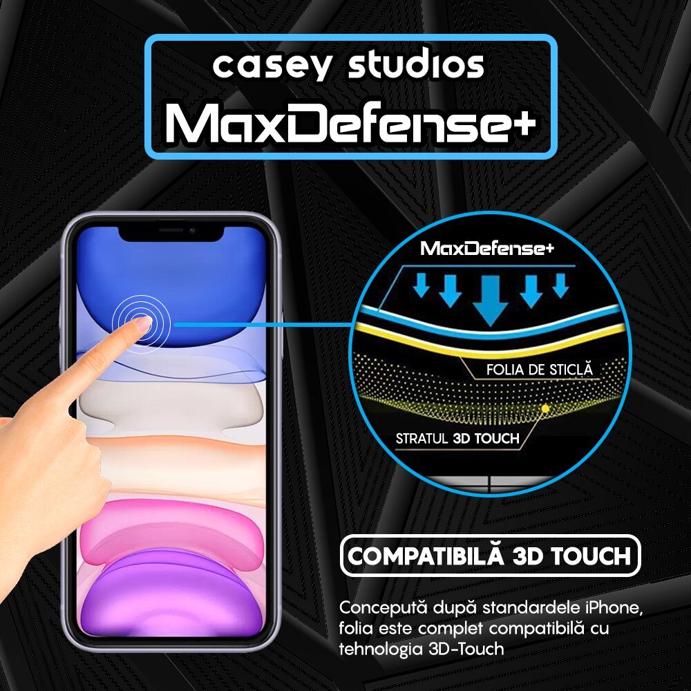 Folie Sticla CASEY STUDIOS™ compatibila cu iPhone 11 Pro, MaxDefense+ Classic, Full Cover 3D, Full Glue, Sticla Securizata, Duritate Militara, Ultra HD, Protectie Profesionala Ecran 3D, Anti Zgarieturi, Anti Socuri, Negru