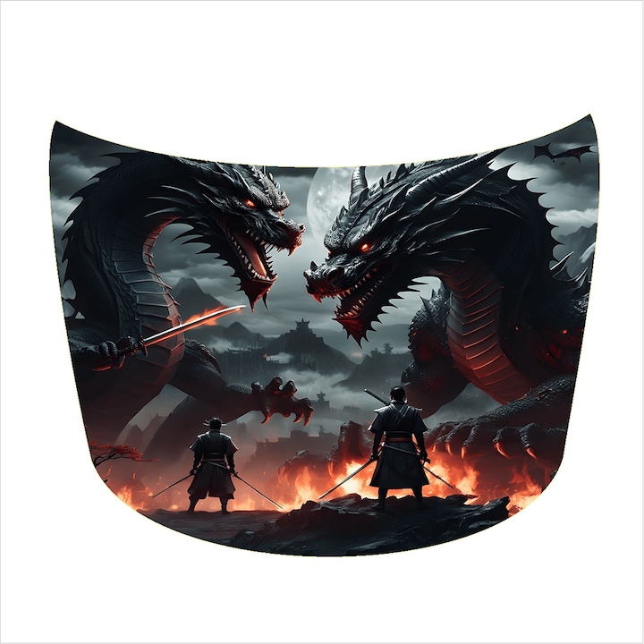 Тунинг фолио за преден капак, модел Dragon Warriors, стикер за кола, устойчивост на открито, атмосферни влияния и износване, надеждна защита, уникален дизайн, подобрява външния вид и издръжливост, размер 165 x 120 cm
