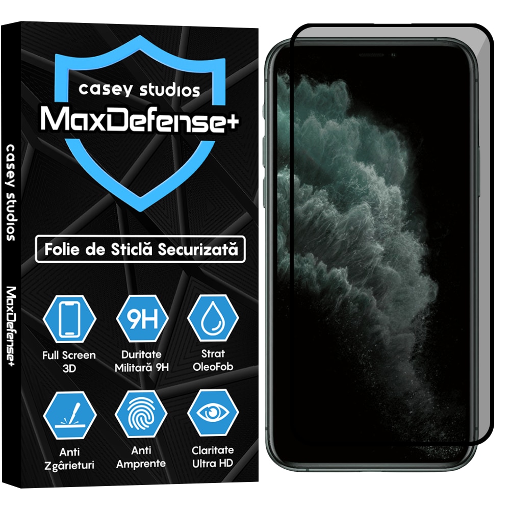 Folie Sticla Privacy CASEY STUDIOS™ compatibila cu iPhone 11 Pro Max, MaxDefense+ Privacy, Full Cover 3D, Full Glue, Sticla Securizata, Duritate Militara, Ultra HD, Protectie Profesionala Ecran 3D, Anti Zgarieturi, Anti Socuri, Negru