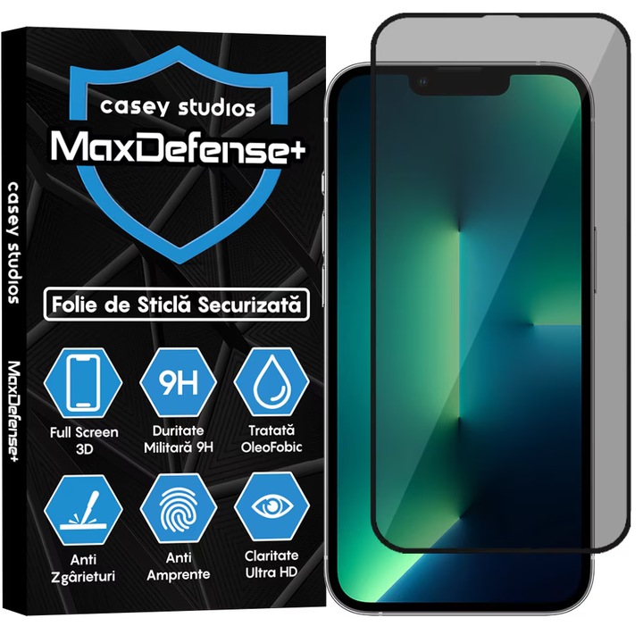 Протектор CASEY STUDIOS, За поверителност, За iPhone 13 / 13 Pro, MaxDefense+ Privacy, Full Glue, Secure Glass, Против надраскване и удари, Черен