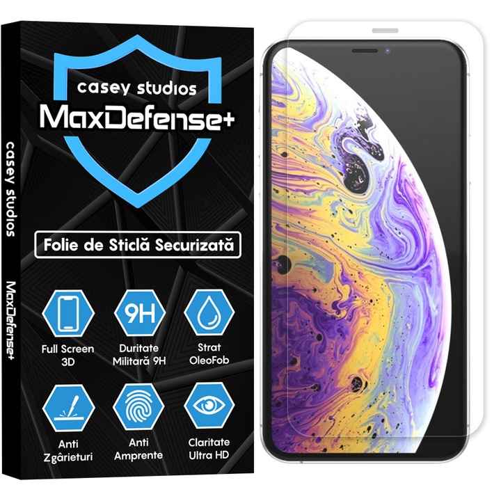 Folie Sticla CASEY STUDIOS™ compatibila cu iPhone X / XS, MaxDefense+ Classic, Full Cover 3D, Full Glue, Sticla Securizata, Duritate Militara, Ultra HD, Protectie Profesionala Ecran 3D, Anti Zgarieturi, Anti Socuri, Negru