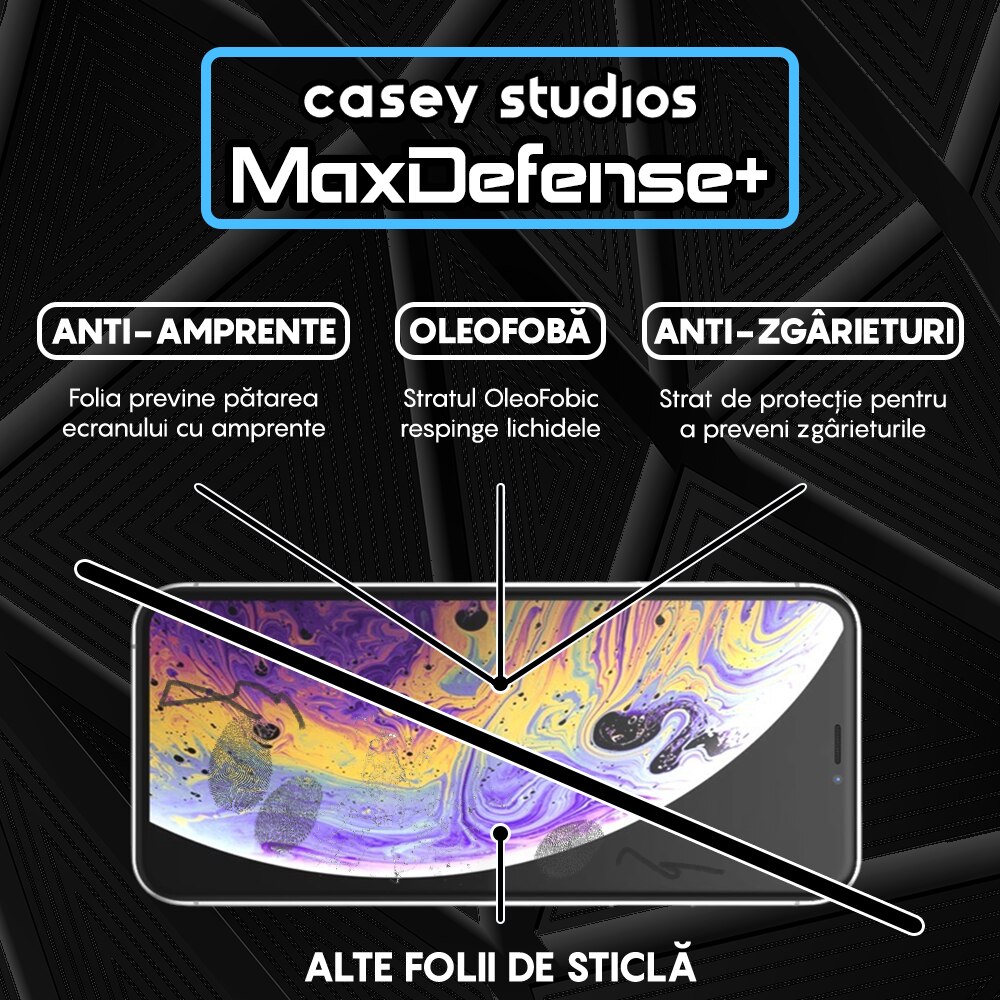 Folie Sticla CASEY STUDIOS™ compatibila cu iPhone X / XS, MaxDefense+ Classic, Full Cover 3D, Full Glue, Sticla Securizata, Duritate Militara, Ultra HD, Protectie Profesionala Ecran 3D, Anti Zgarieturi, Anti Socuri, Negru