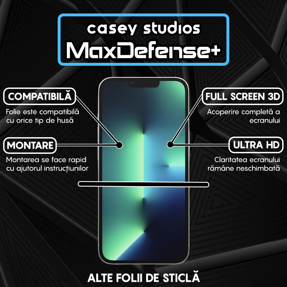 Folie Sticla CASEY STUDIOS™ compatibila cu iPhone 13 / 13 Pro, Full Cover 3D, Full Glue, Sticla Securizata, Duritate Militara, Ultra HD, Protectie Profesionala Ecran 3D, Anti Zgarieturi, Anti Socuri, Margini Negre