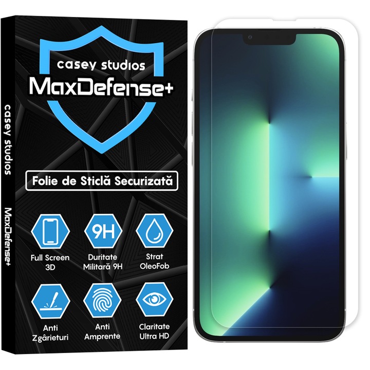 Folie Sticla CASEY STUDIOS™ compatibila cu iPhone 13 / 13 Pro, MaxDefense+ Classic, Full Cover 3D, Full Glue, Sticla Securizata, Duritate Militara, Ultra HD, Protectie Profesionala Ecran 3D, Anti Zgarieturi, Anti Socuri, Negru