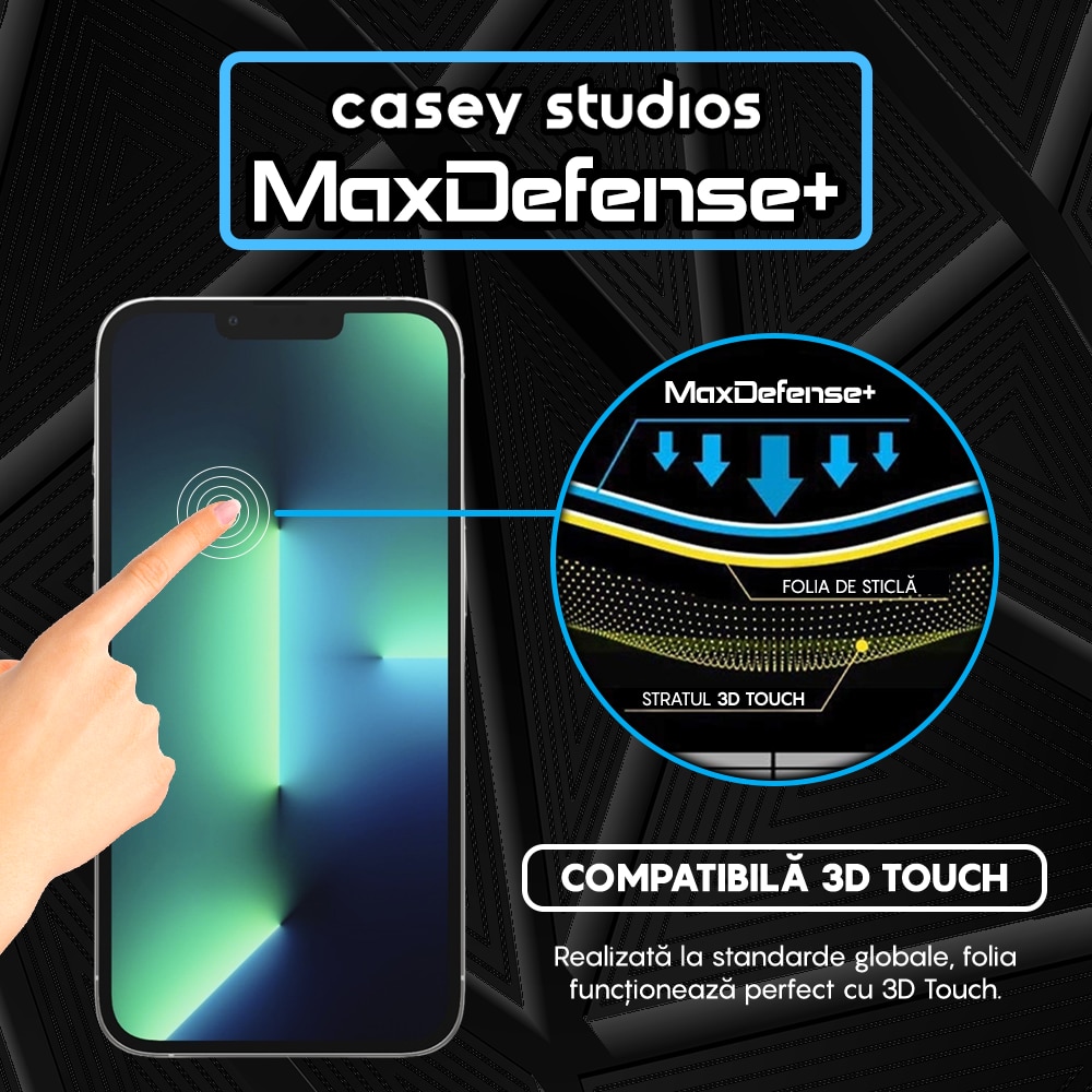 Folie Sticla CASEY STUDIOS™ compatibila cu iPhone 13 / 13 Pro, Full Cover 3D, Full Glue, Sticla Securizata, Duritate Militara, Ultra HD, Protectie Profesionala Ecran 3D, Anti Zgarieturi, Anti Socuri, Margini Negre