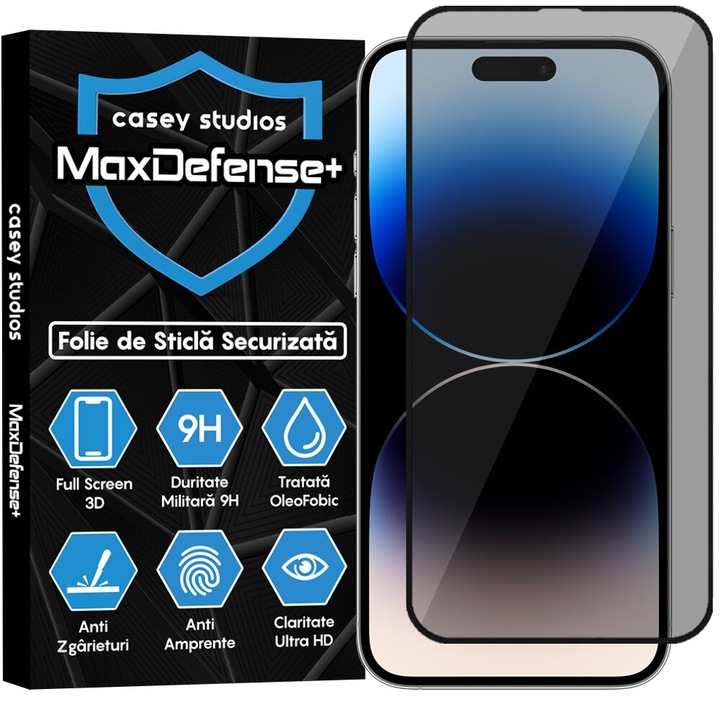 CASEY STUDIOS™ протектор с поверителност за iPhone 14 Pro Max, MaxDefense+, Full Glue, Secure Glass, Military Hardness, Ultra HD, Професионална 3D защита на екрана, Anti-Scratch, Anti-Shock, Черен