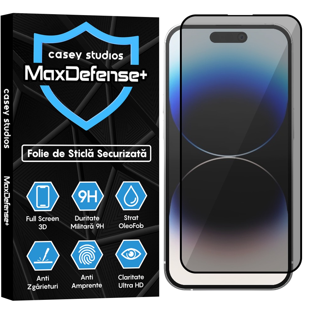 Folie Sticla Privacy CASEY STUDIOS™ compatibila cu iPhone 14 Pro, MaxDefense+ Privacy, Full Cover 3D, Full Glue, Sticla Securizata, Duritate Militara, Ultra HD, Protectie Profesionala Ecran 3D, Anti Zgarieturi, Anti Socuri, Negru