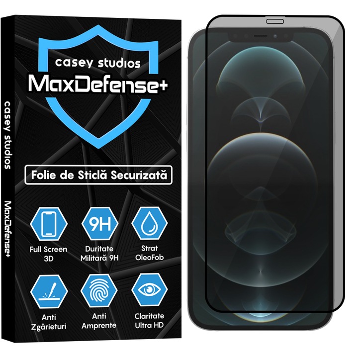Folie Sticla Privacy CASEY STUDIOS™ compatibila cu iPhone 12 Pro Max, MaxDefense+ Privacy, Full Cover 3D, Full Glue, Sticla Securizata, Duritate Militara, Ultra HD, Protectie Profesionala Ecran 3D, Anti Zgarieturi, Anti Socuri, Negru