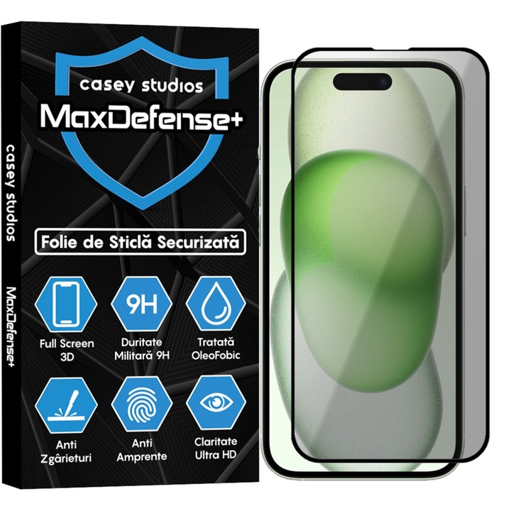 CASEY STUDIOS™ Privacy Glass Film за iPhone 15, MaxDefense+ Privacy, Full Glue, Secure Glass, Military Hardness, Ultra HD, Професионална 3D защита на екрана, Anti-Scratch, Anti-Shock, Black