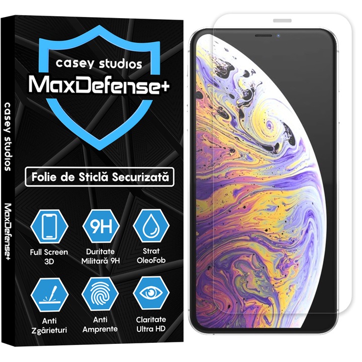 Folie Sticla CASEY STUDIOS™ compatibila cu iPhone XS Max, MaxDefense+ Classic, Full Cover 3D, Full Glue, Sticla Securizata, Duritate Militara, Ultra HD, Protectie Profesionala Ecran 3D, Anti Zgarieturi, Anti Socuri, Negru