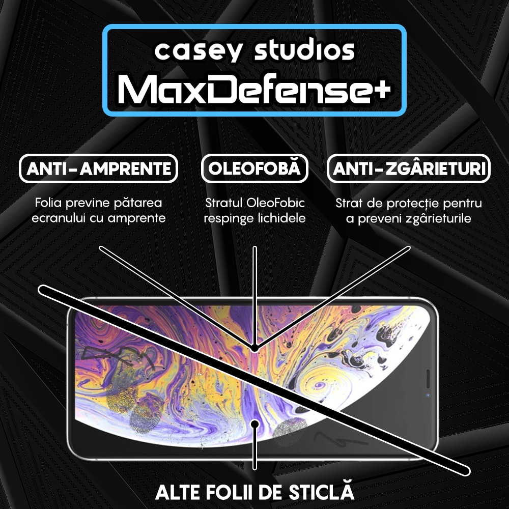 Folie Sticla Privacy CASEY STUDIOS™ compatibila cu iPhone XS Max, MaxDefense+ Privacy, Full Cover 3D, Full Glue, Sticla Securizata, Duritate Militara, Ultra HD, Protectie Profesionala Ecran 3D, Anti Zgarieturi, Anti Socuri, Negru