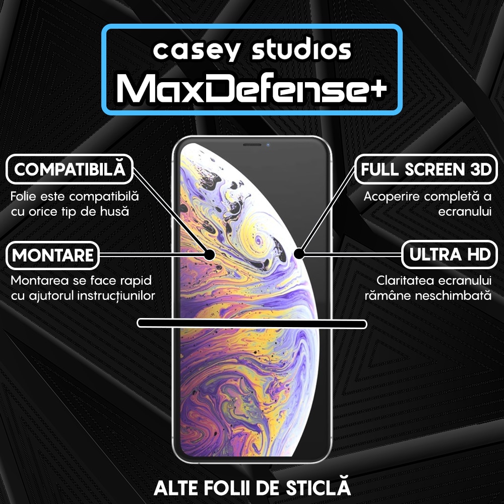 Folie Sticla Privacy CASEY STUDIOS™ compatibila cu iPhone XS Max, MaxDefense+ Privacy, Full Cover 3D, Full Glue, Sticla Securizata, Duritate Militara, Ultra HD, Protectie Profesionala Ecran 3D, Anti Zgarieturi, Anti Socuri, Negru