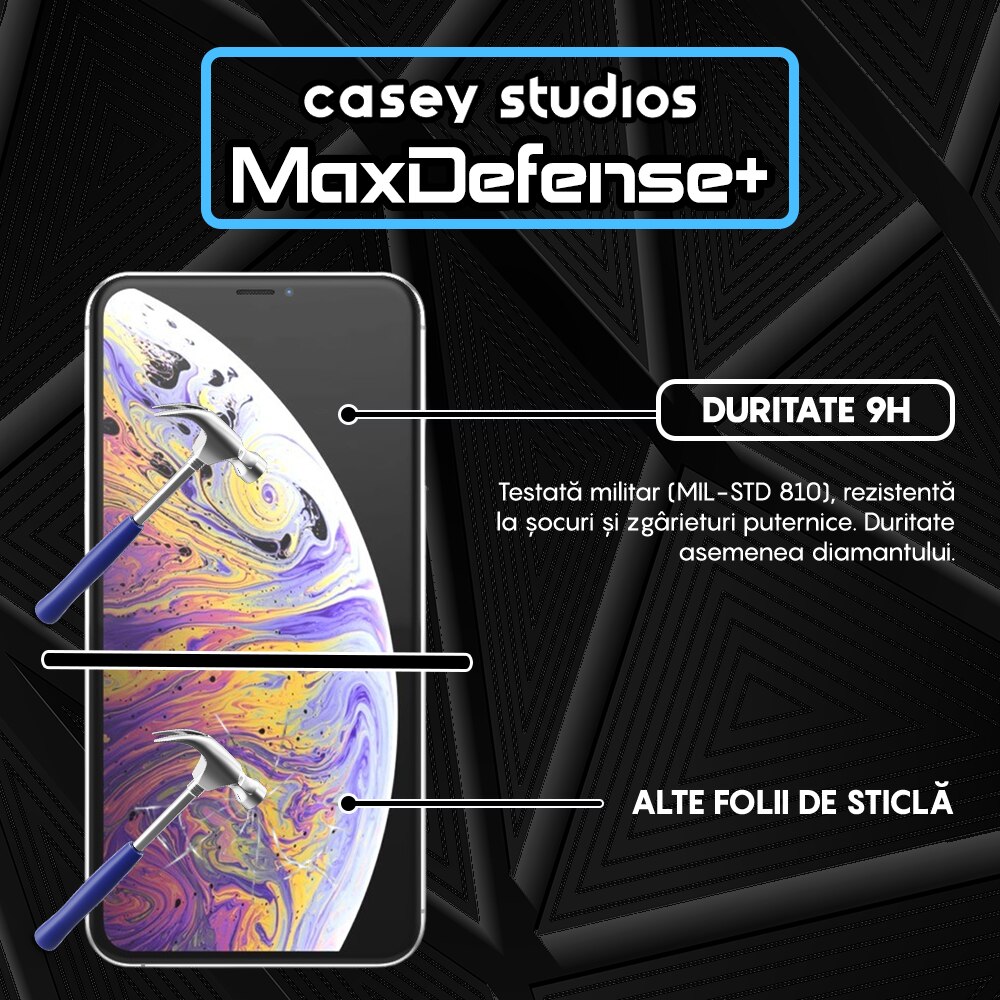 Folie Sticla Privacy CASEY STUDIOS™ compatibila cu iPhone XS Max, MaxDefense+ Privacy, Full Cover 3D, Full Glue, Sticla Securizata, Duritate Militara, Ultra HD, Protectie Profesionala Ecran 3D, Anti Zgarieturi, Anti Socuri, Negru