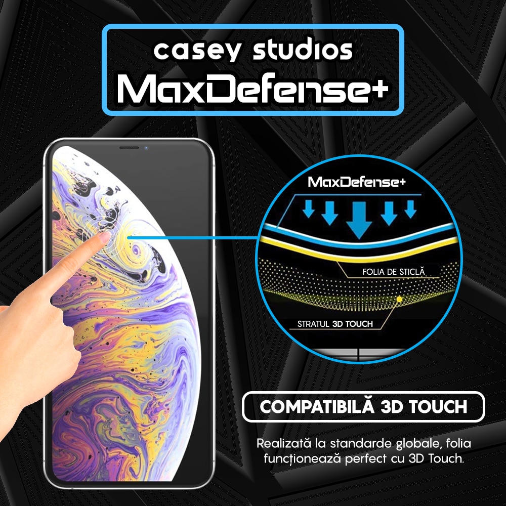 Folie Sticla Privacy CASEY STUDIOS™ compatibila cu iPhone XS Max, MaxDefense+ Privacy, Full Cover 3D, Full Glue, Sticla Securizata, Duritate Militara, Ultra HD, Protectie Profesionala Ecran 3D, Anti Zgarieturi, Anti Socuri, Negru