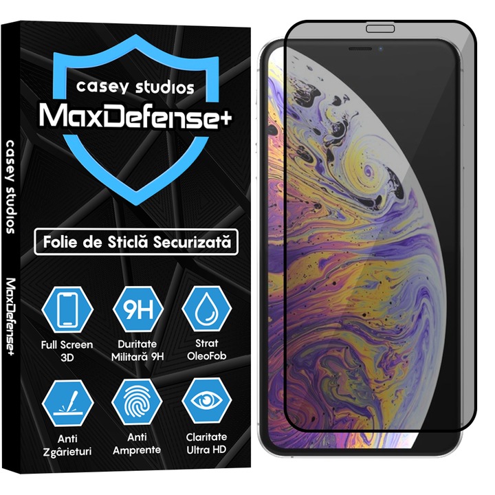 Folie Sticla Privacy CASEY STUDIOS™ compatibila cu iPhone XS Max, MaxDefense+ Privacy, Full Cover 3D, Full Glue, Sticla Securizata, Duritate Militara, Ultra HD, Protectie Profesionala Ecran 3D, Anti Zgarieturi, Anti Socuri, Negru