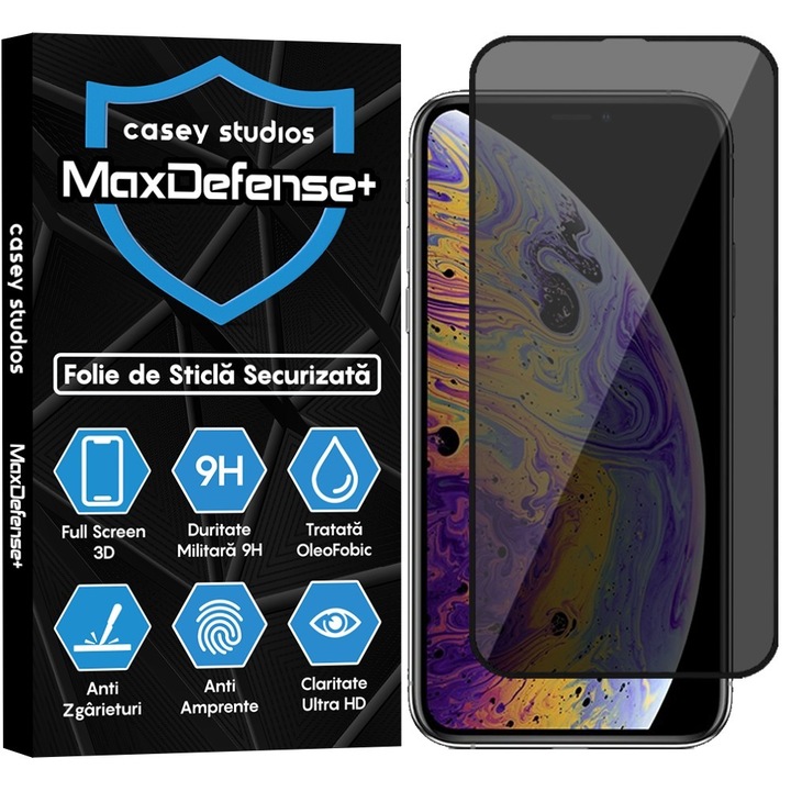 CASEY STUDIOS™ adatvédelmi üvegfólia Apple iPhone XR / 11-hez, MaxDefense+ Privacy, teljes ragasztó, edzett üveg, katonai keménység, ultra HD, professzionális 3D képernyővédelem, karcolásgátló, ütésálló, fekete