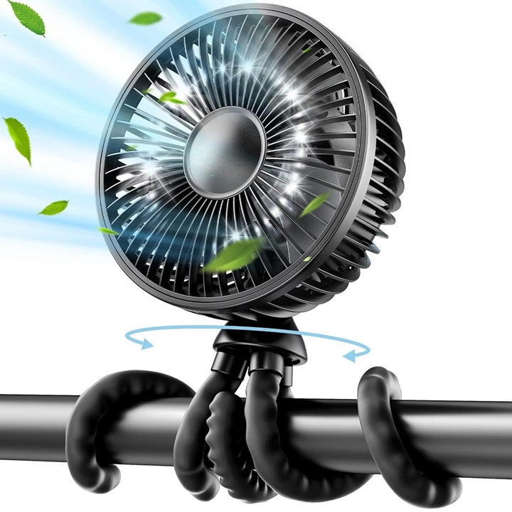 Преносим вентилатор Breeze Wind, безшумен, 4 нива на скорост, система за защита на деца, подвижни крака за фиксиране на количка/креватче, въртяща се на 360° глава, 4000 Mah батерия, черен