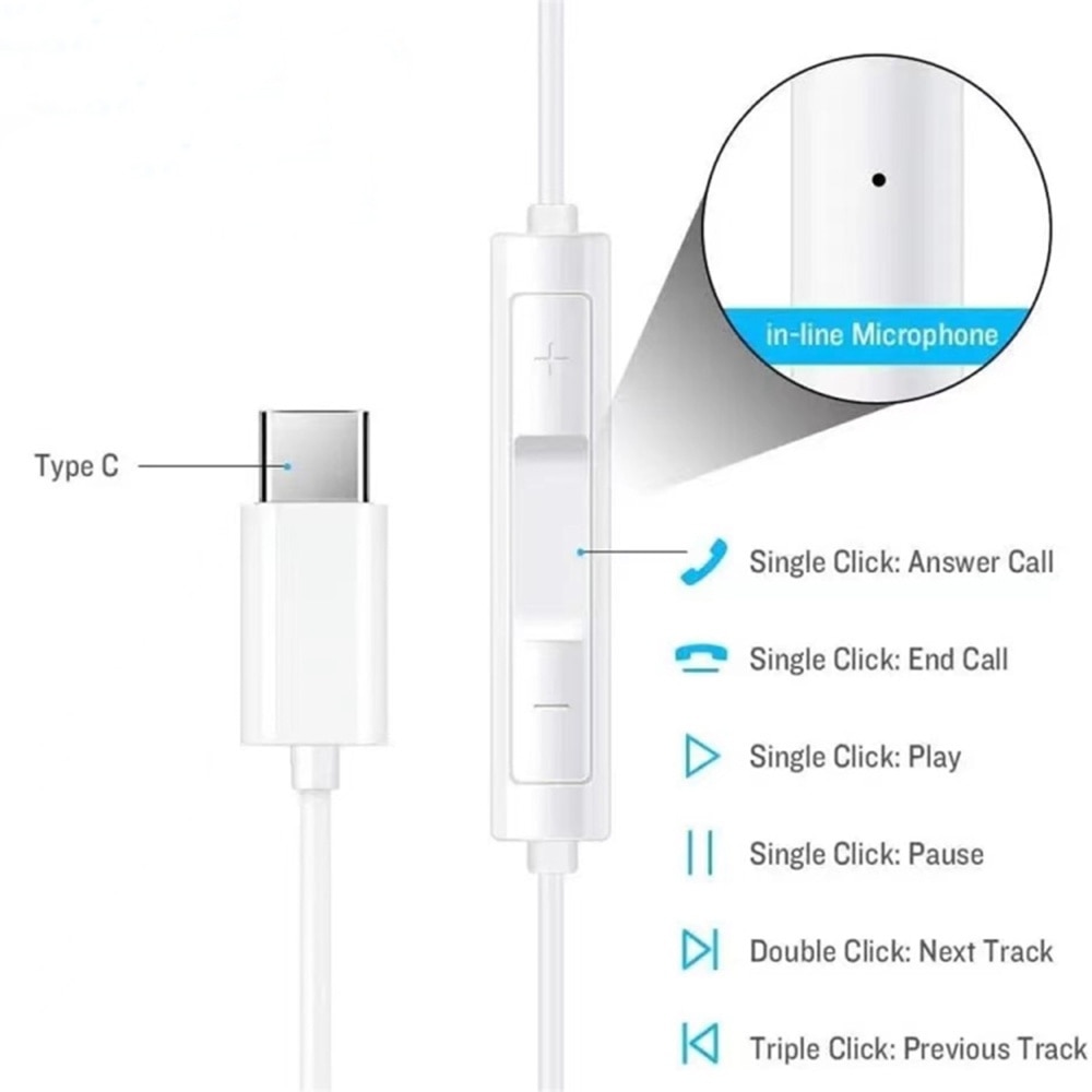 Casti Tip-C / USB-C compatibile cu Samsung, Huawei, Xiaomi, Motorola, Honor, Oppo, Realme, Nokia, OnePlus, Sony, Google, Clear Sound, Microfon pe fir, Controller, Albe