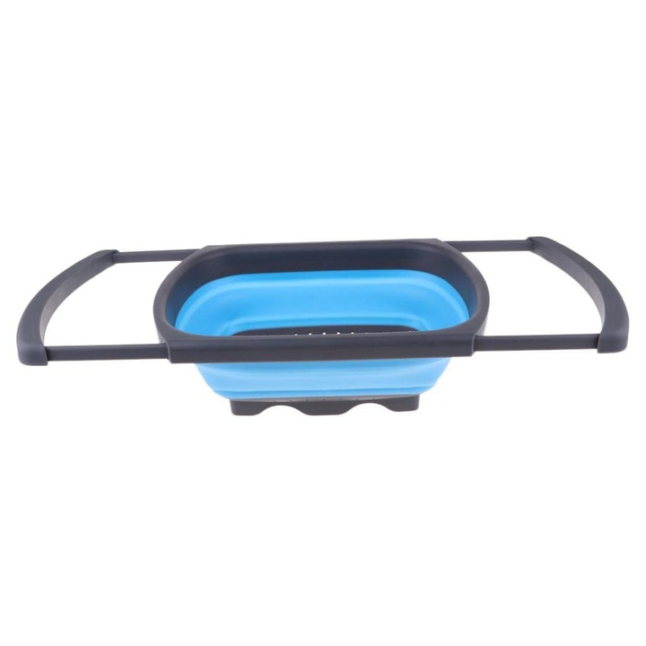 Strecuratoare pliabila din silicon, Tecos, maner reglabil pe lungime, ideal pentru activitati in bucatarie, albastru