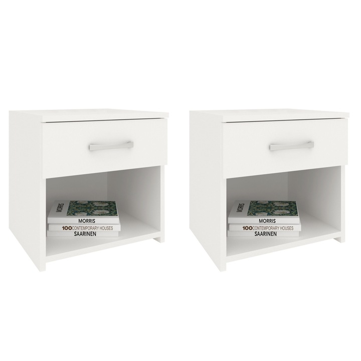 Set 2 Noptiere haaus Remi, 1 Sertar, Alb, 40 x 35 x 40 cm
