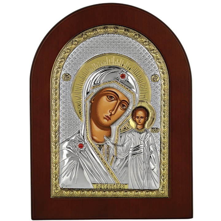 Ezüsttel és arannyal bevont ikon, Kazáni Szűz Mária, 26 cm x 20 cm