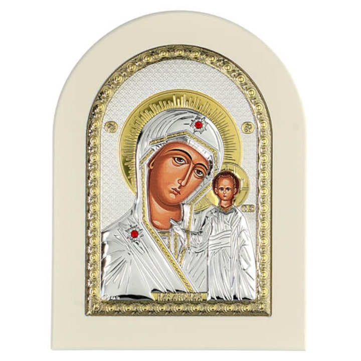 Ezüsttel és arannyal bevont ikon, Kazáni Szűz Mária, Fehér keret, 21cm x 15cm