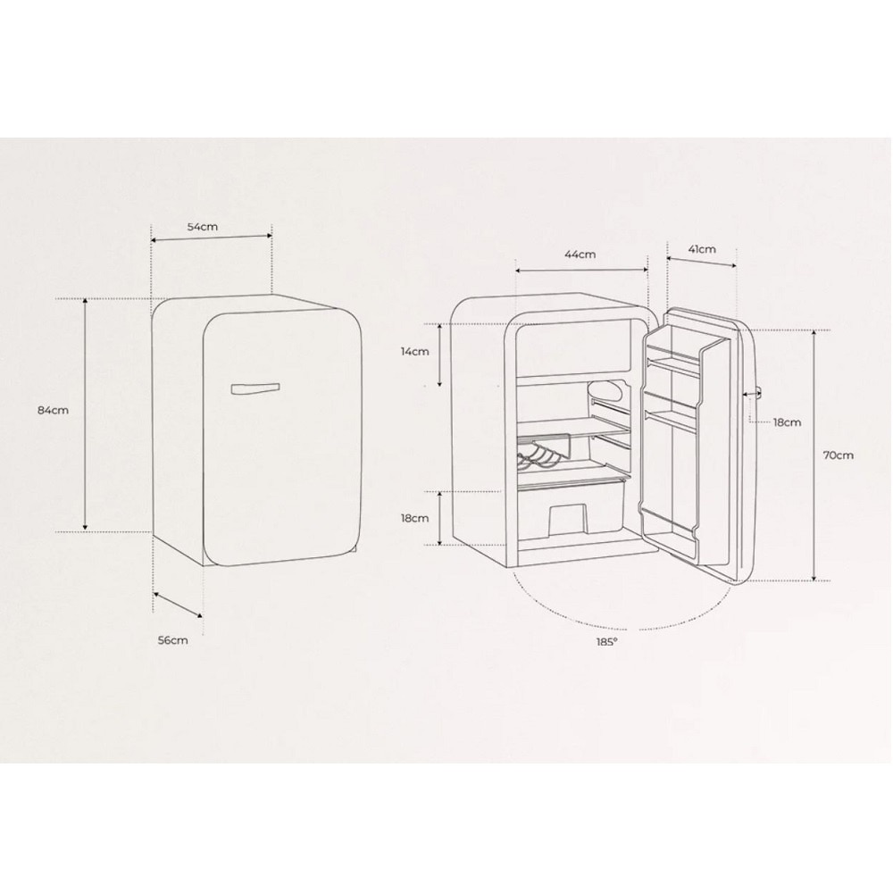 Mini frigider Retro CREATE, capacitate 107 litri, H 84 cm, ideal pentru birou/hotel/rulota, congelator 15 litri, temperatura reglabila, 2 rafturi din sticla, 1 raft otel pentru sticle, 3 compartimente pe usa, sertar fructe/legume, maner rose gold, crem