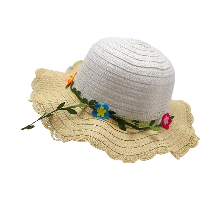 Шапка за слънце, детска, летен модел на сгъване за момичета, допълнена с пуканки и листа, хваща се под брадичката, вълнообразен ръб, тема I love flowers, универсален размер, бежово, EFAYN