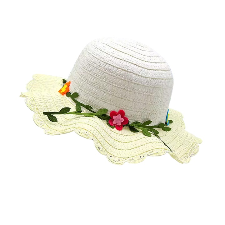 Шапка за слънце, детска, летен модел на сгъване за момичета, допълнена с пуканки и листа, хваща се под брадичката, вълнообразен ръб, тема I love flowers, универсален размер, жълто, EFAYN