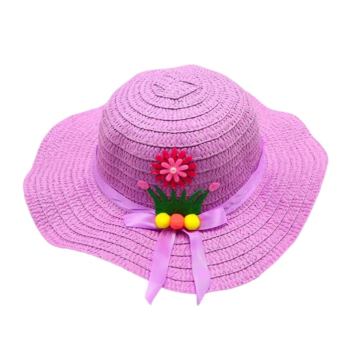 Шапка за слънце, детска, шикозен летен модел за момичета, допълнена с цветя и панделка, фиксатор под брадичката, вълнообразен ръб, сладка лятна тема, универсален размер, лилаво, EFAYN