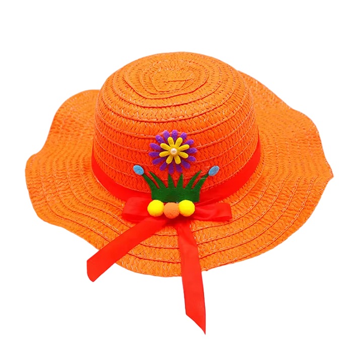 Шапка за слънце, детска, шикозен летен модел за момичета, допълнена с цветя и панделка, фиксатор под брадичката, вълнообразен ръб, сладка лятна тема, универсален размер, оранжево, EFAYN