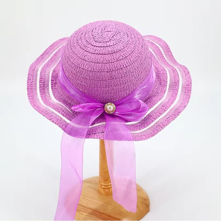 Шапка за слънце, детска, летен сгъваем модел за момичета, допълнена със скъпа панделка с моден детайл, фиксатор под брадичката, вълнообразен ръб, елегантна лятна тема, универсален размер, лилаво, EFAYN