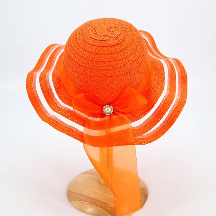 Шапка за слънце, детска, летен сгъваем модел за момичета, допълнена със скъпа панделка с моден детайл, фиксатор под брадичката, вълнообразен ръб, елегантна лятна тема, универсален размер, оранжево, EFAYN