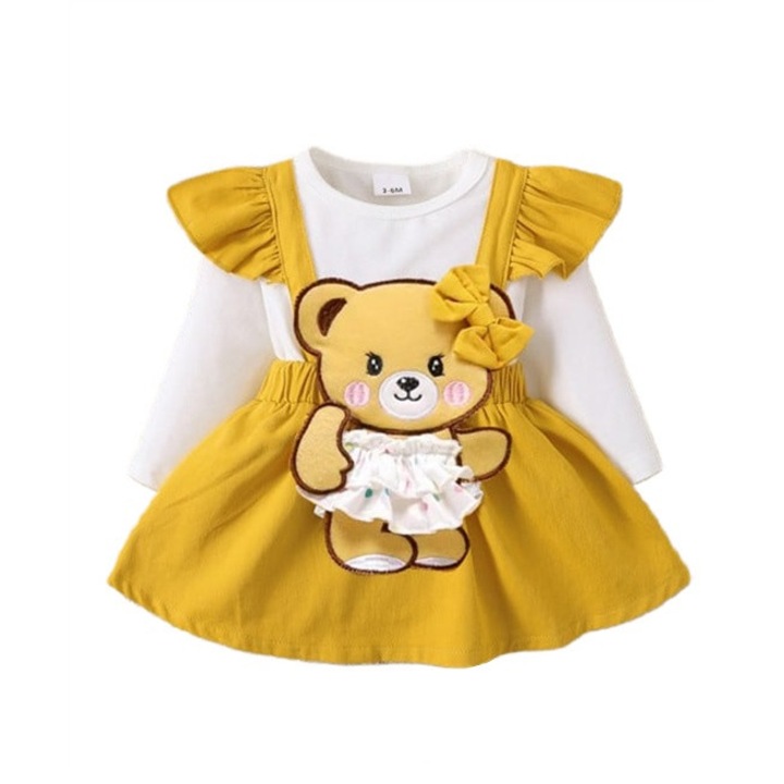 SuperBaby Sundress, Happy Teddy Model, Alkalmi, Pamut, Lányok, Hosszú ujjú, Fehér, Mustársárga