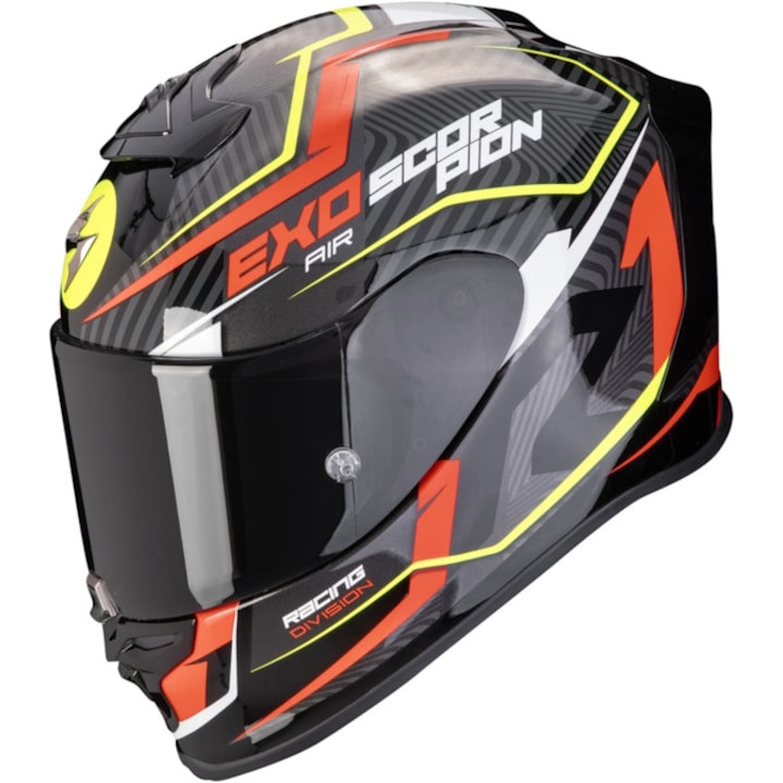 Пълна мотоциклетна каска SCORPION EXO-R1 EVO AIR Black-Red-Neon Yellow, включва и димен визьор, размер M