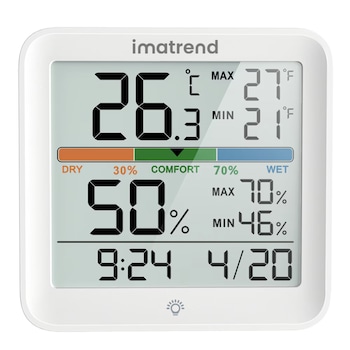 Termometru Digital si Higrometru Meteo IMA Trend® YG5275 Pro, Ecran 3.7 Inch, Afisaj cu Ora si Data, Lumina de Fundal, De Camera, Control Tactil, Indicator Comfort, Citire Automata la 15s, 3 Tipuri de Montare, Gama Profesionala, Alb