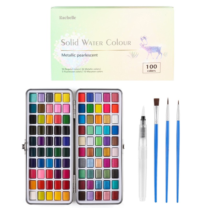 Set acuarele, multicolor, 100 culori vibrante, metalice/macaron/fluorescente, pensule incluse, cutie portabila