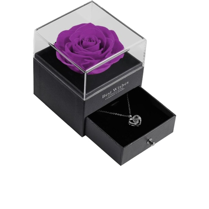 Kriogén rózsa dobozban, fiókkal és lánccal, lila