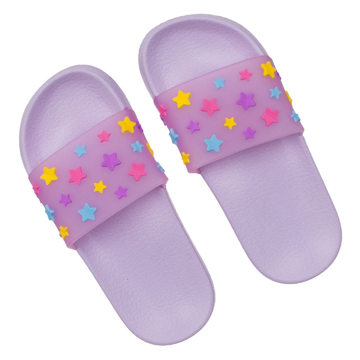 Slapi slider pentru copii Shopiens®, de culoare lila cu imprimeu stele, marimea 31