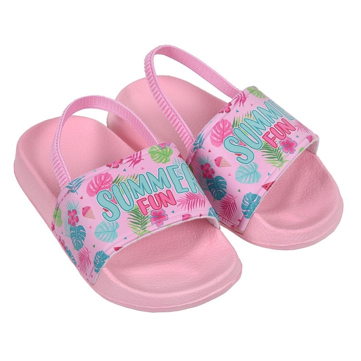 Slapi slider pentru copii Shopiens®, de culoare roz cu curea cu captuseala textila, model pepene verde cu inghetata si elastic, marimea 24
