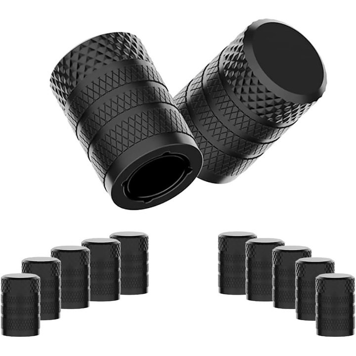 Set 10 Capace pentru Ventile Roti, Aluminiu Anodizat, Rezistente la Coroziune, Universale pentru Masini, Camioane, Motociclete, SUV-uri si Biciclete, Negru
