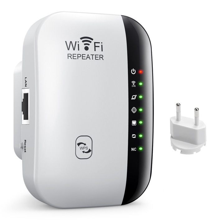 Wireless-N мрежов усилвател на сигнала, Begleri, предаване на wifi, repeater 300Mbps, 2,4GHz WLAN, поддържа WPA2, WPA и WEP9, WPS функция с RJ-45 LAN порт и интегрирани антени, бял