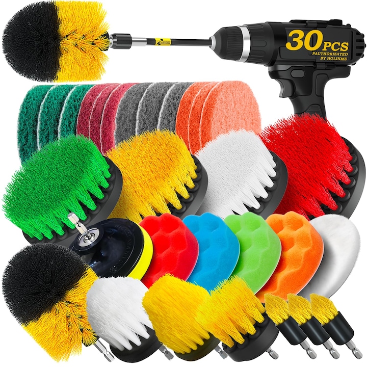 Set 30 Piese Accesorii Curatare cu Bormasina OVERTANG, Perii, Bureti si Pad-uri Lustruire, Multicolor