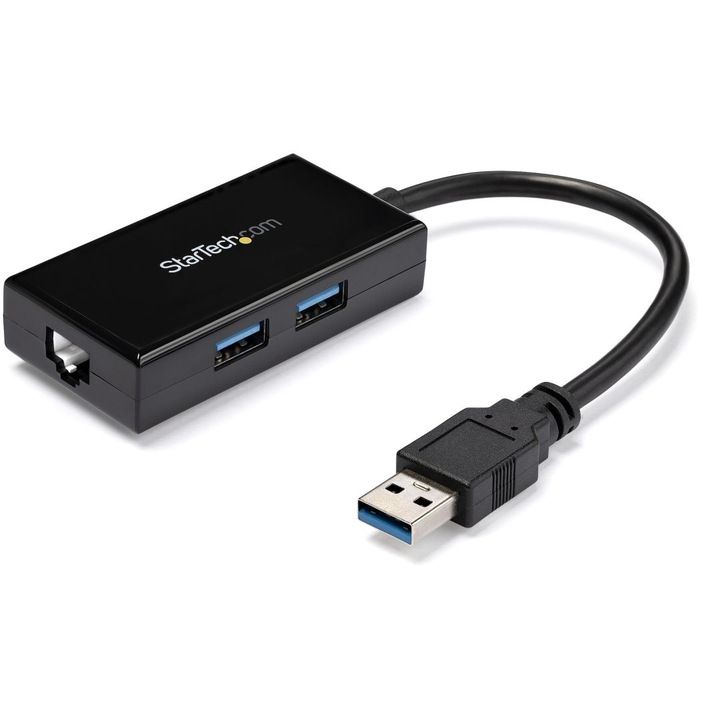 Adaptor retea Startech, USB 3.0, Gigabit, hub integrat 2 porturi USB-A, negru