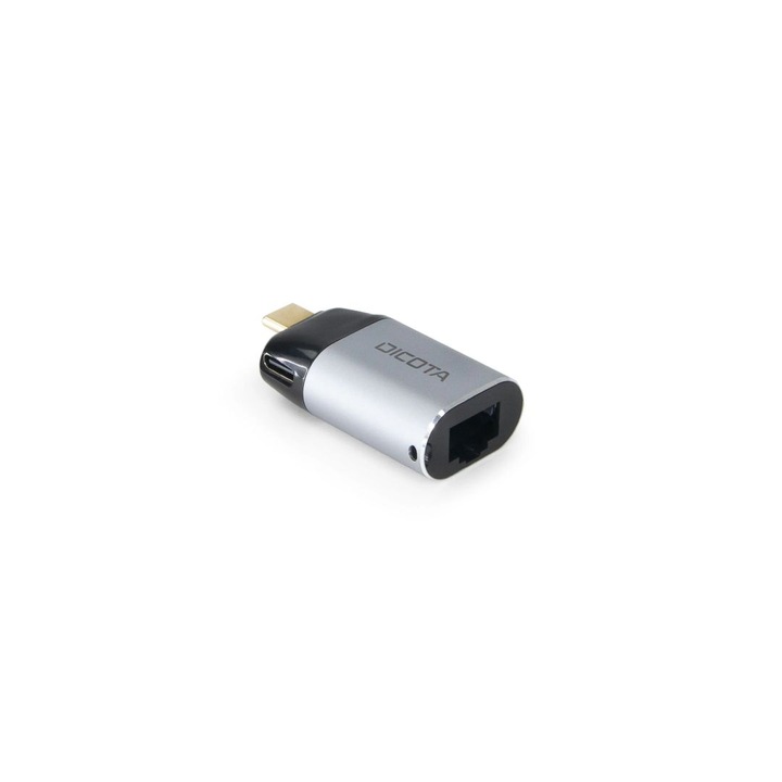 Адаптер Mini DICOTA USB-C към Ethernet с PD (100W), сребрист, 1xLAN Gigabit, 1xUSB-C