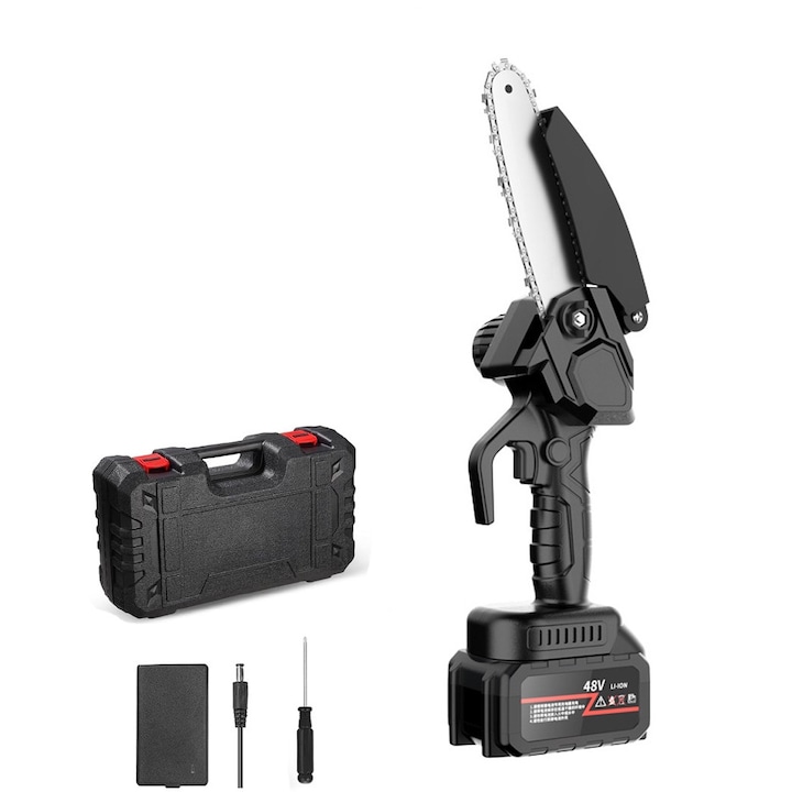 Верижен трион MWAOWM, 6 инча, 48V литиева батерия, предпазен, комплект, черен