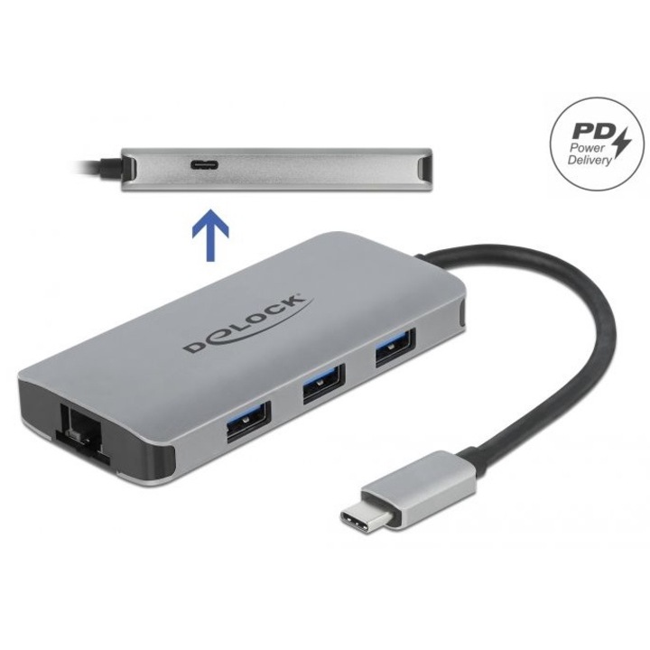 Delock USB 3.2 Gen 1 hub 4 porttal és Gigabit LAN-nel, valamint PD-vel (DL-63252)