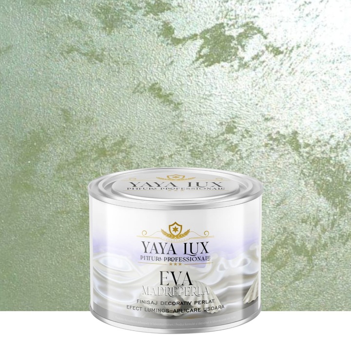 Vopsea decorativa de Lux, Eva Madreperla cu Fulgi de Sticla, Verde Fistic, 0, 5 Litri, YaYa Color