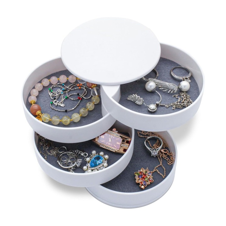 Cutie organizatoare bijuterii, SINBINTA, 4 nivele, Rotire de 360 de grade, Cu tampon din material netesut, Anti zgarieturi, Impermeabil, Rezistent la uzura, Pentru inele, Coliere, Cercei, ABS, 10x10x10cm, Alb